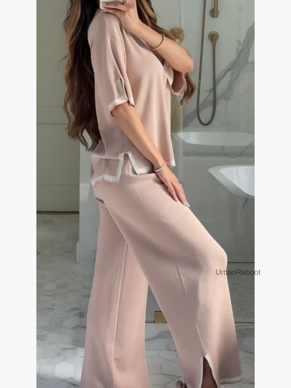 Women's 2 Piece Lounge Set Long Sleeve Knit Top Wide Leg Pants Tracksuit - Picture 7 of 7